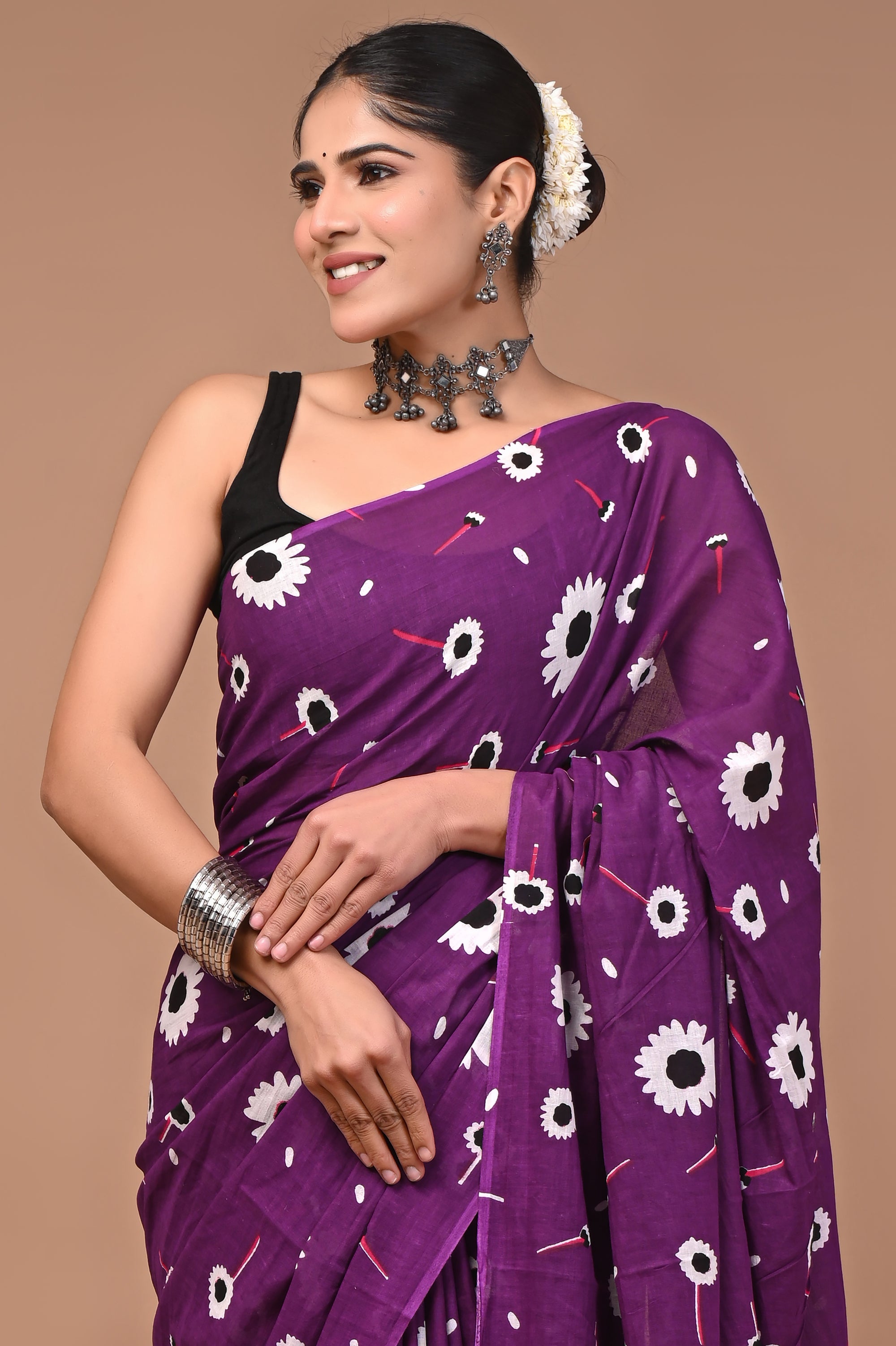Bold Purple Hand Block Print Cotton Mulmul Saree With Blouse
