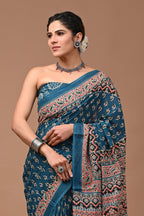 ROVIM Jaipuri Hand Block Printed Cotton Mulmul Saree with Blouse – Soft, Lightweight & Skin-Friendly | Traditional Ethnic Wear for Women