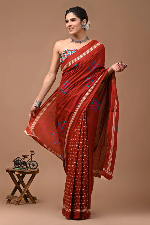 ROVIM Jaipuri Hand Block Printed Cotton Mulmul Saree with Blouse – Soft, Lightweight & Skin-Friendly | Traditional Ethnic Wear for Women