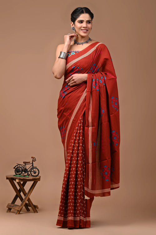 ROVIM Jaipuri Hand Block Printed Cotton Mulmul Saree with Blouse – Soft, Lightweight & Skin-Friendly | Traditional Ethnic Wear for Women