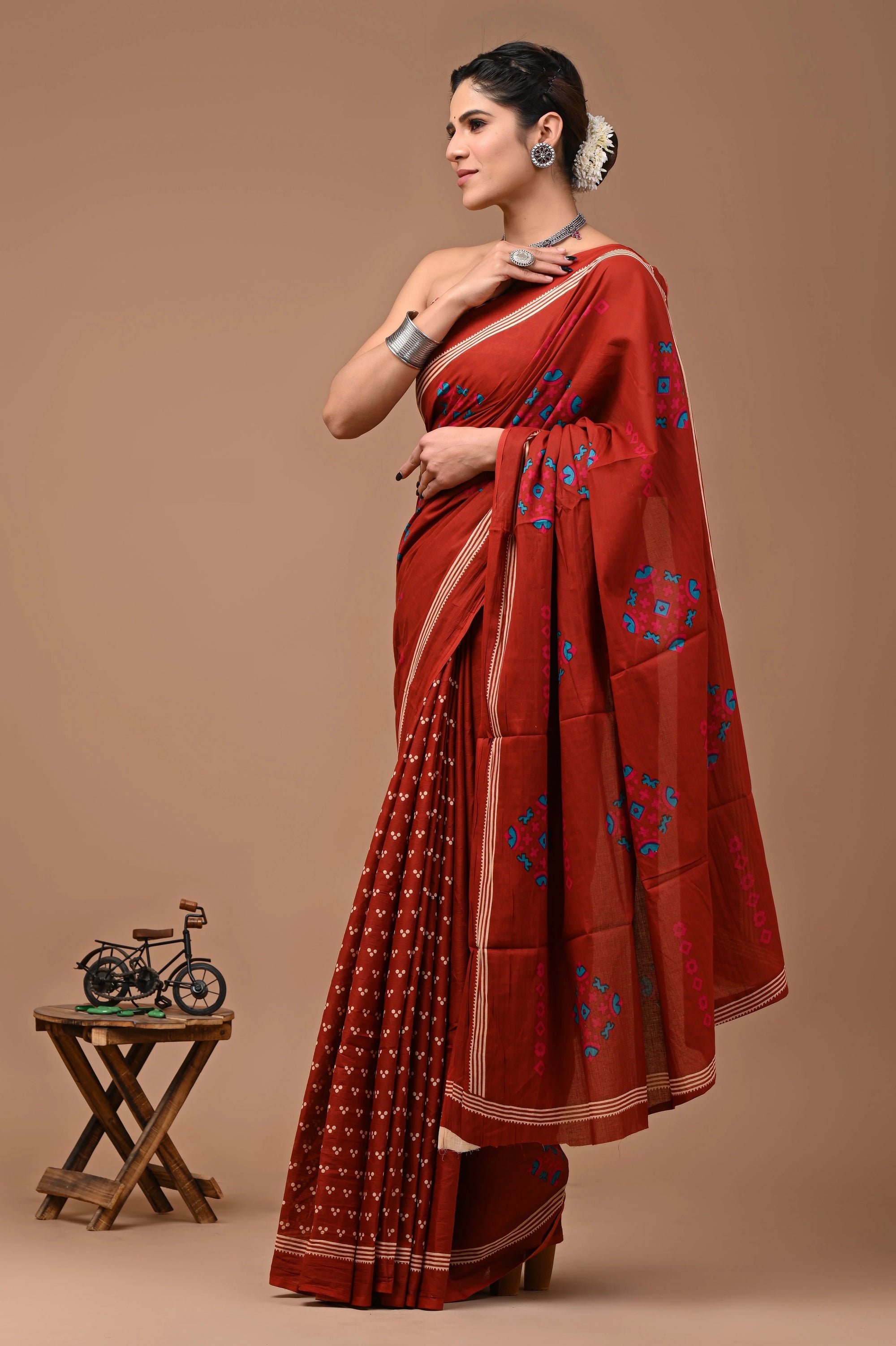ROVIM Jaipuri Hand Block Printed Cotton Mulmul Saree with Blouse – Soft, Lightweight & Skin-Friendly | Traditional Ethnic Wear for Women
