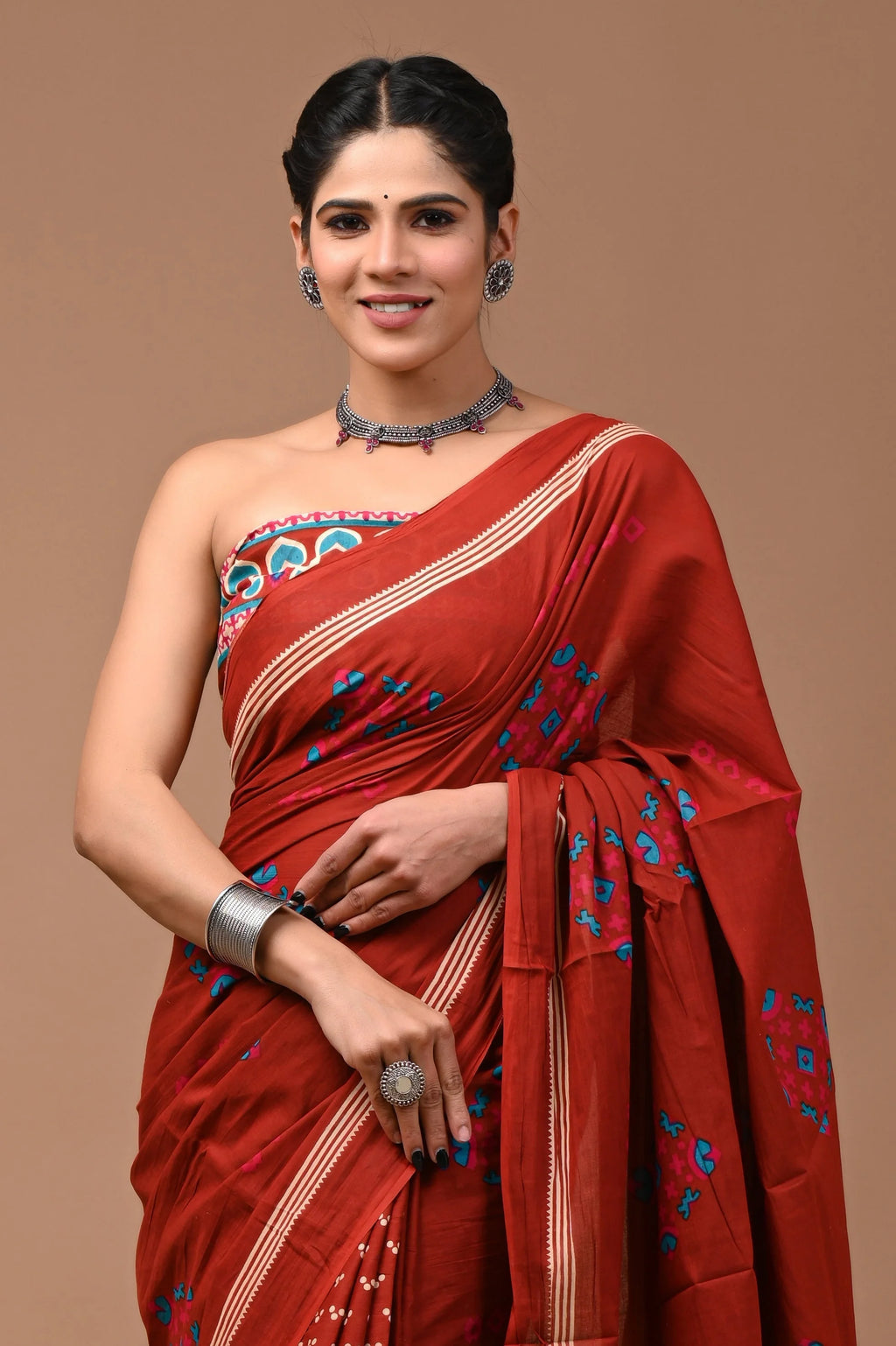 ROVIM Jaipuri Hand Block Printed Cotton Mulmul Saree with Blouse – Soft, Lightweight & Skin-Friendly | Traditional Ethnic Wear for Women