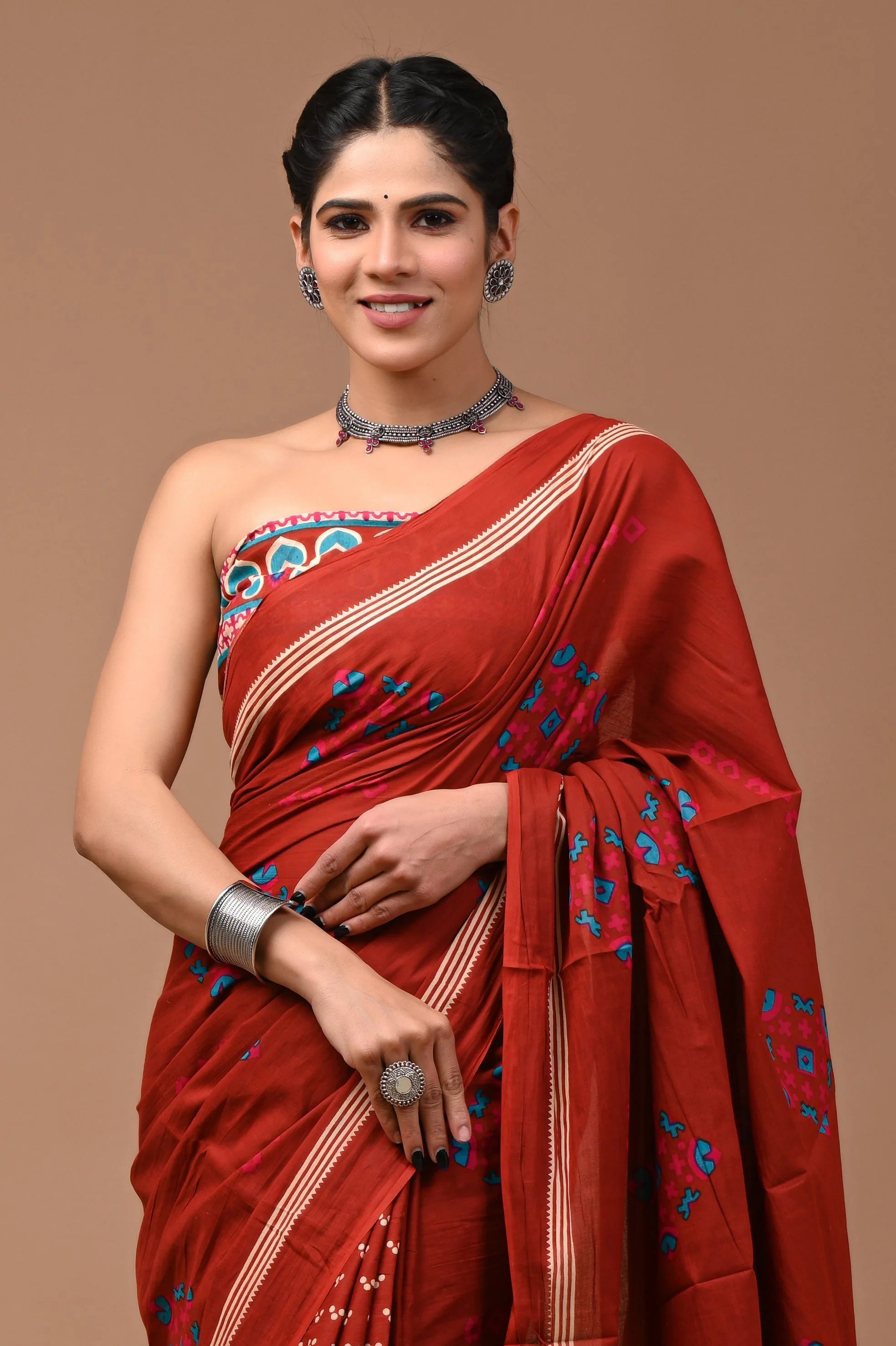 ROVIM Jaipuri Hand Block Printed Cotton Mulmul Saree with Blouse – Soft, Lightweight & Skin-Friendly | Traditional Ethnic Wear for Women