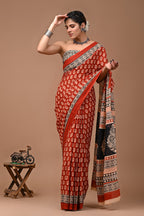 ROVIM Jaipuri Hand Block Printed Cotton Mulmul Saree with Blouse – Soft, Lightweight & Skin-Friendly | Traditional Ethnic Wear for Women
