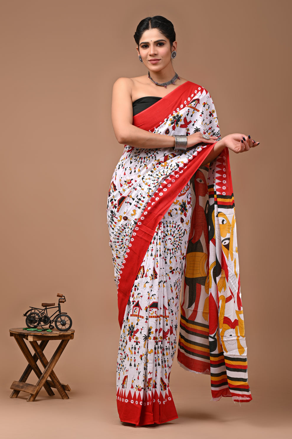 Orange warli print cotton mulmul saree with matching blouse