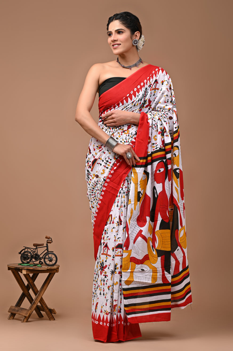 Orange warli print cotton mulmul saree with matching blouse