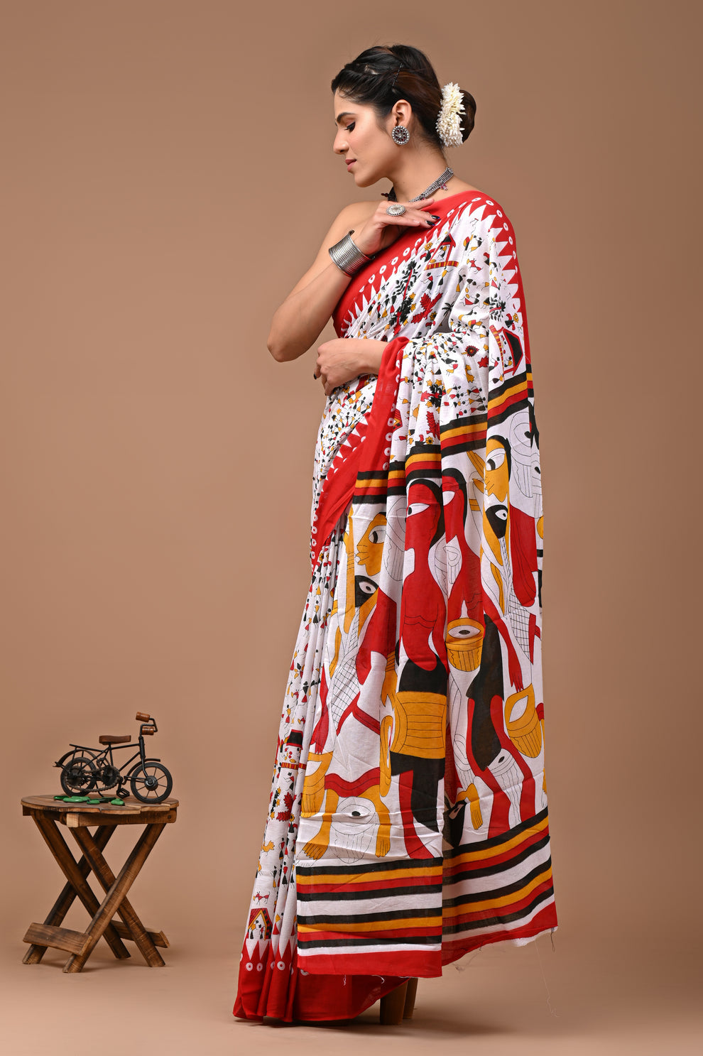 Orange warli print cotton mulmul saree with matching blouse