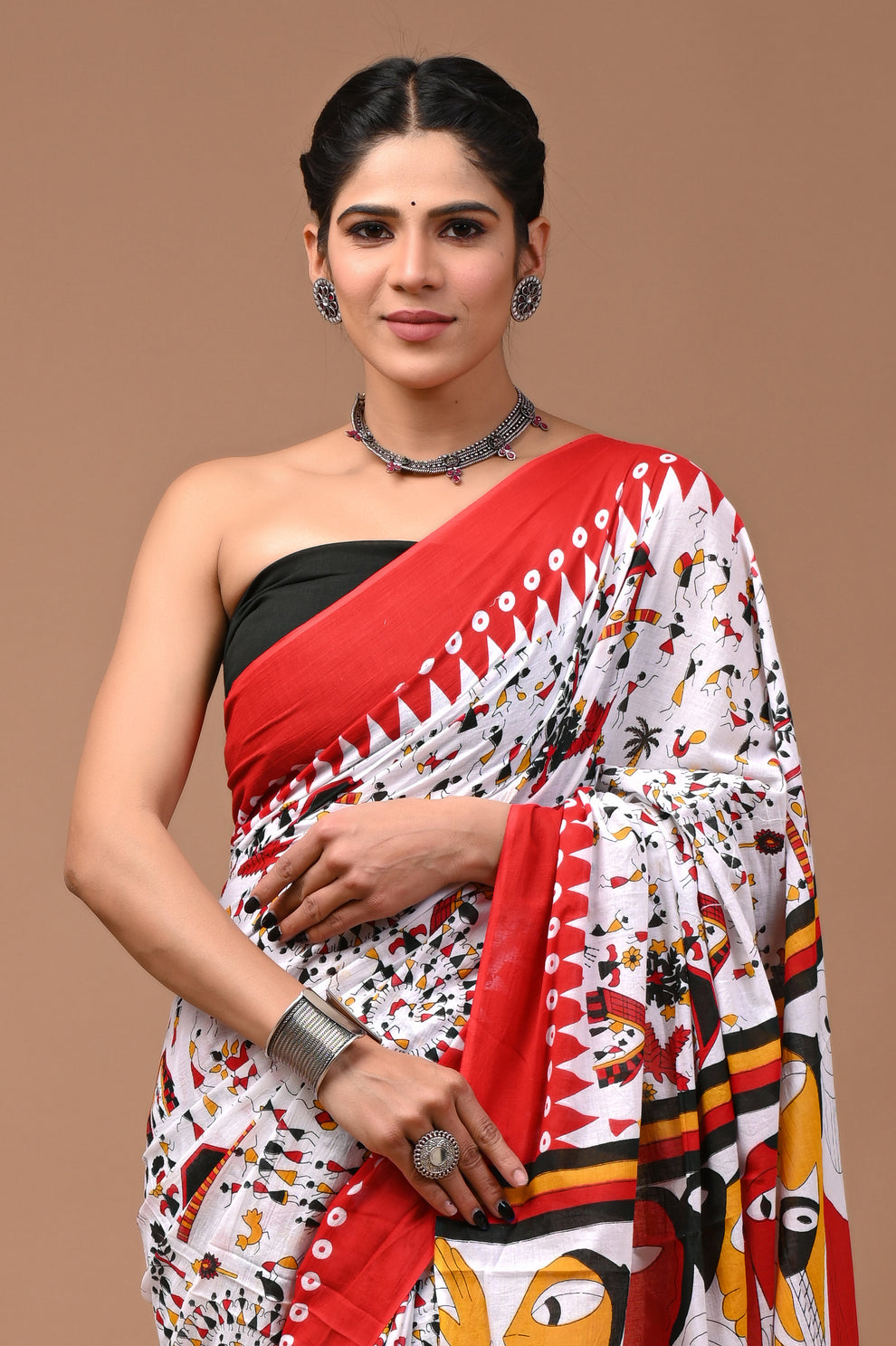Orange warli print cotton mulmul saree with matching blouse