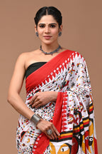 Orange warli print cotton mulmul saree with matching blouse