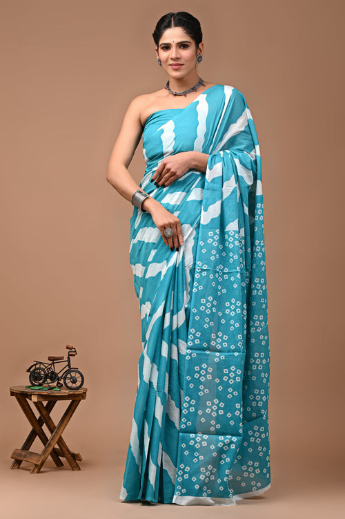 Rovim Jaipuri Traditional Hand Block Printed Cotton Mulmul Saree with Blouse for Women