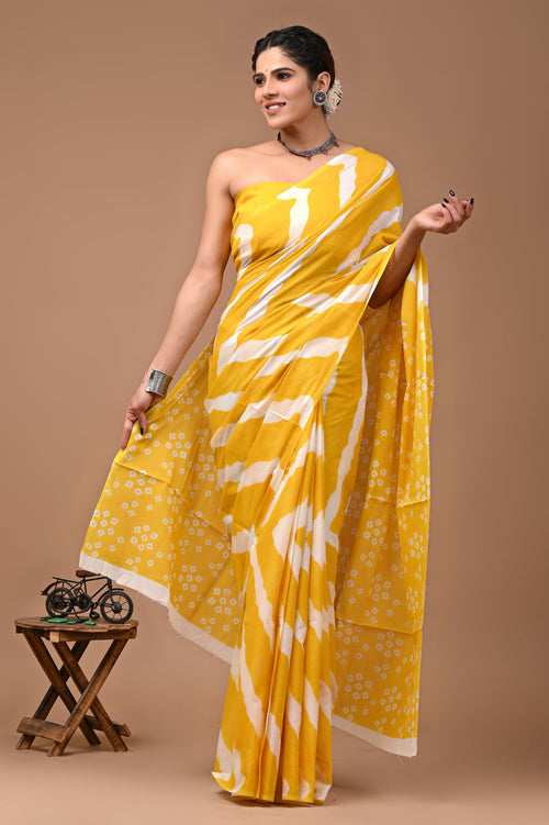 Rovim Jaipuri Traditional Hand Block Printed Cotton Mulmul Saree with Blouse for Women