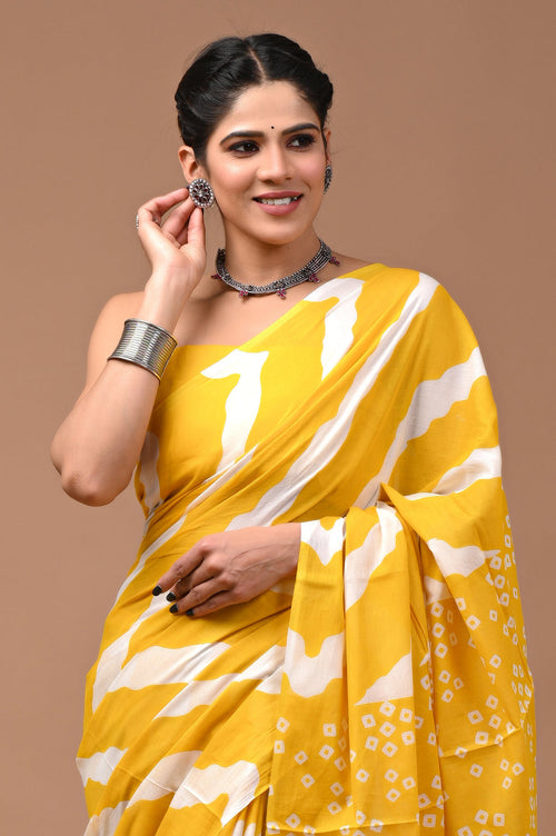 Rovim Jaipuri Traditional Hand Block Printed Cotton Mulmul Saree with Blouse for Women