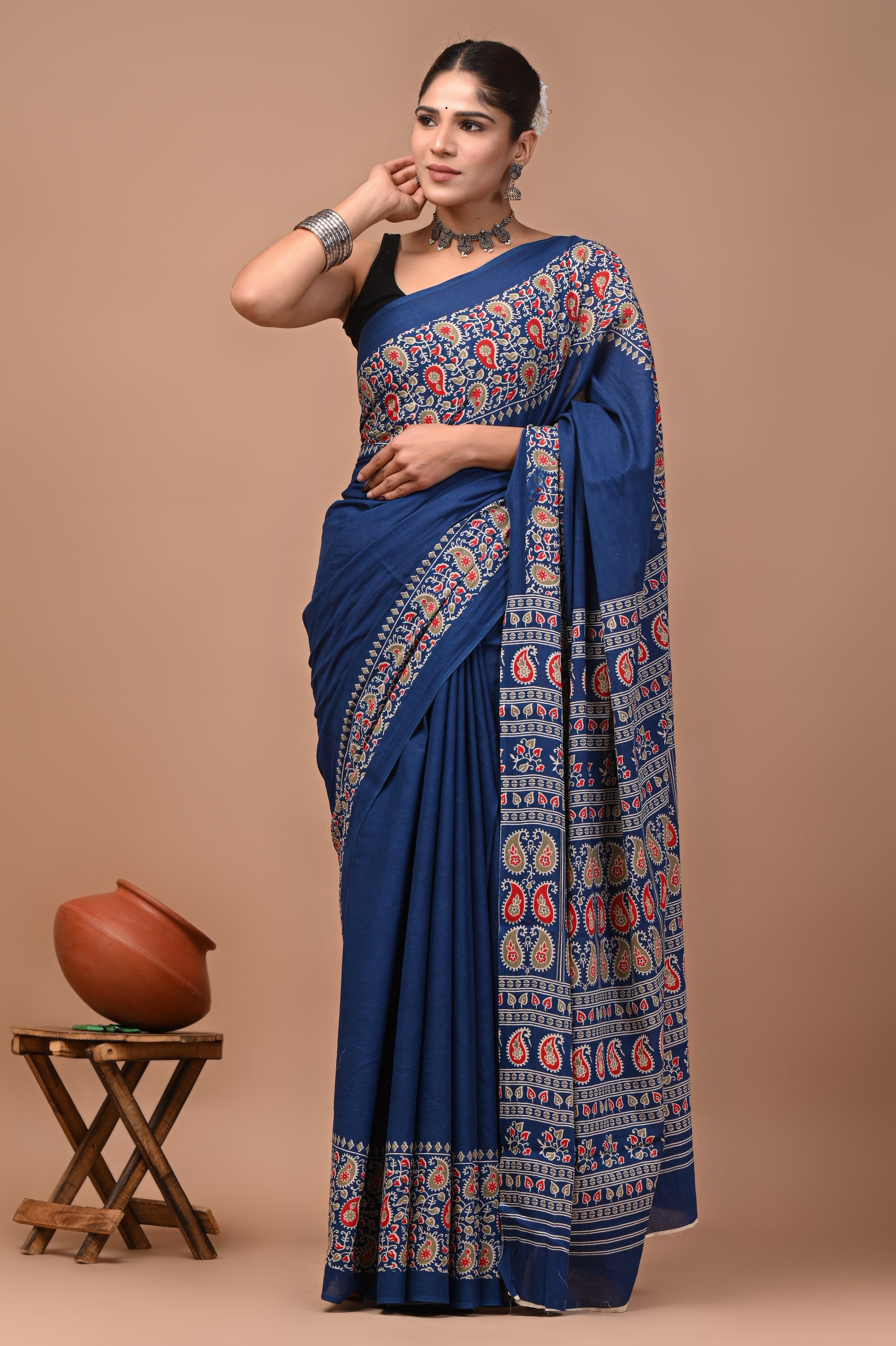 Neelambara Hand Block Ajrakh Printed Cotton Mulmul Saree with Blouse for Women