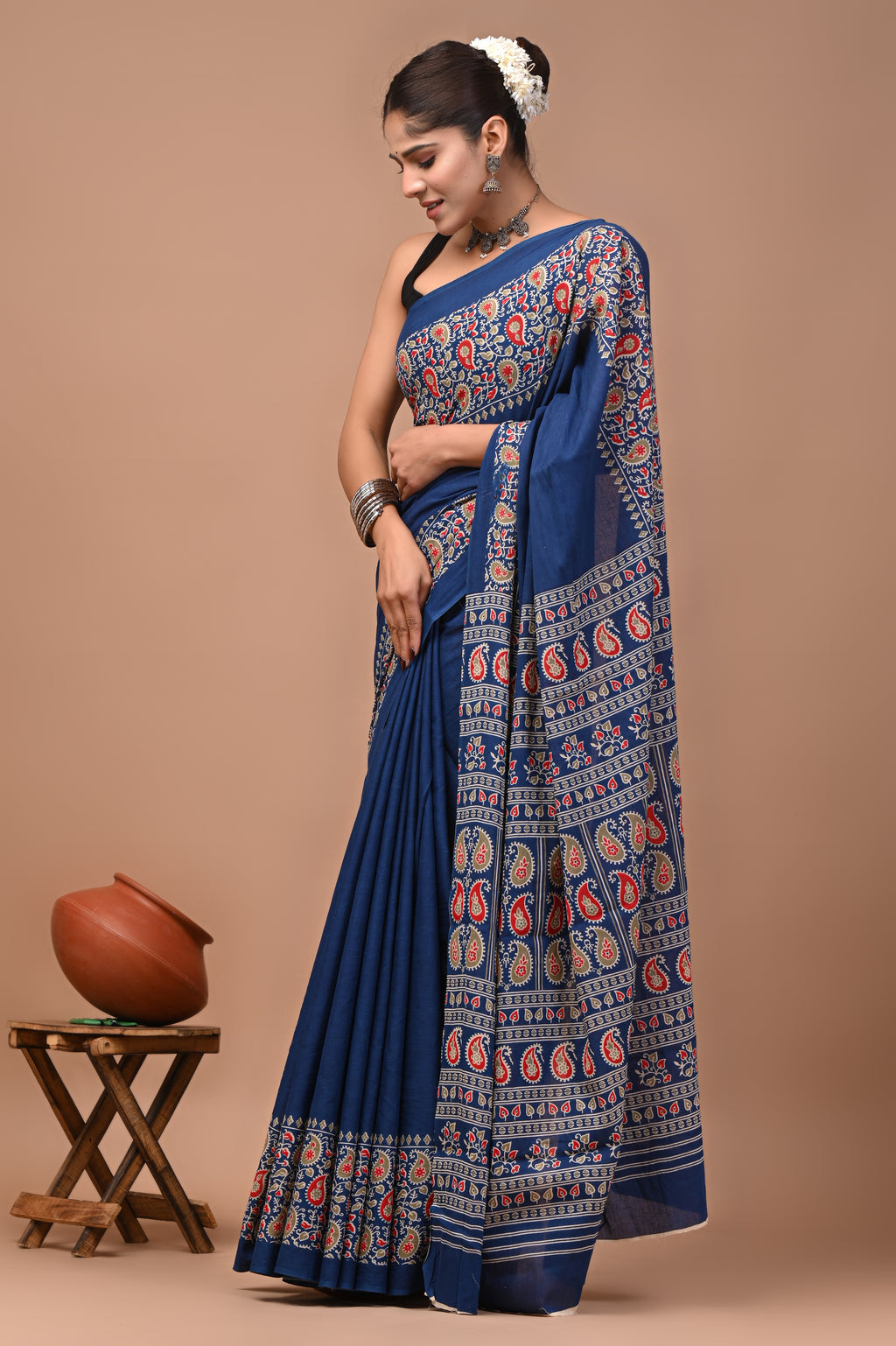Neelambara Hand Block Ajrakh Printed Cotton Mulmul Saree with Blouse for Women