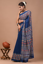 Neelambara Hand Block Ajrakh Printed Cotton Mulmul Saree with Blouse for Women