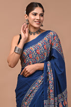Neelambara Hand Block Ajrakh Printed Cotton Mulmul Saree with Blouse for Women