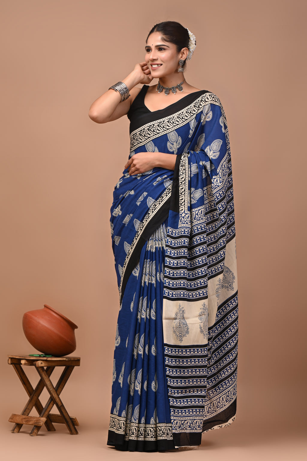Blue Keri Hand Block Print Cotton Mulmul Saree with Blouse