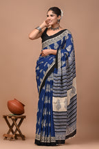 Blue Keri Hand Block Print Cotton Mulmul Saree with Blouse