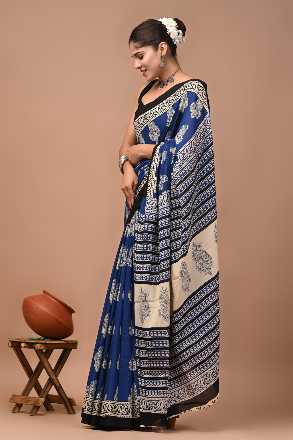 Blue Keri Hand Block Print Cotton Mulmul Saree with Blouse