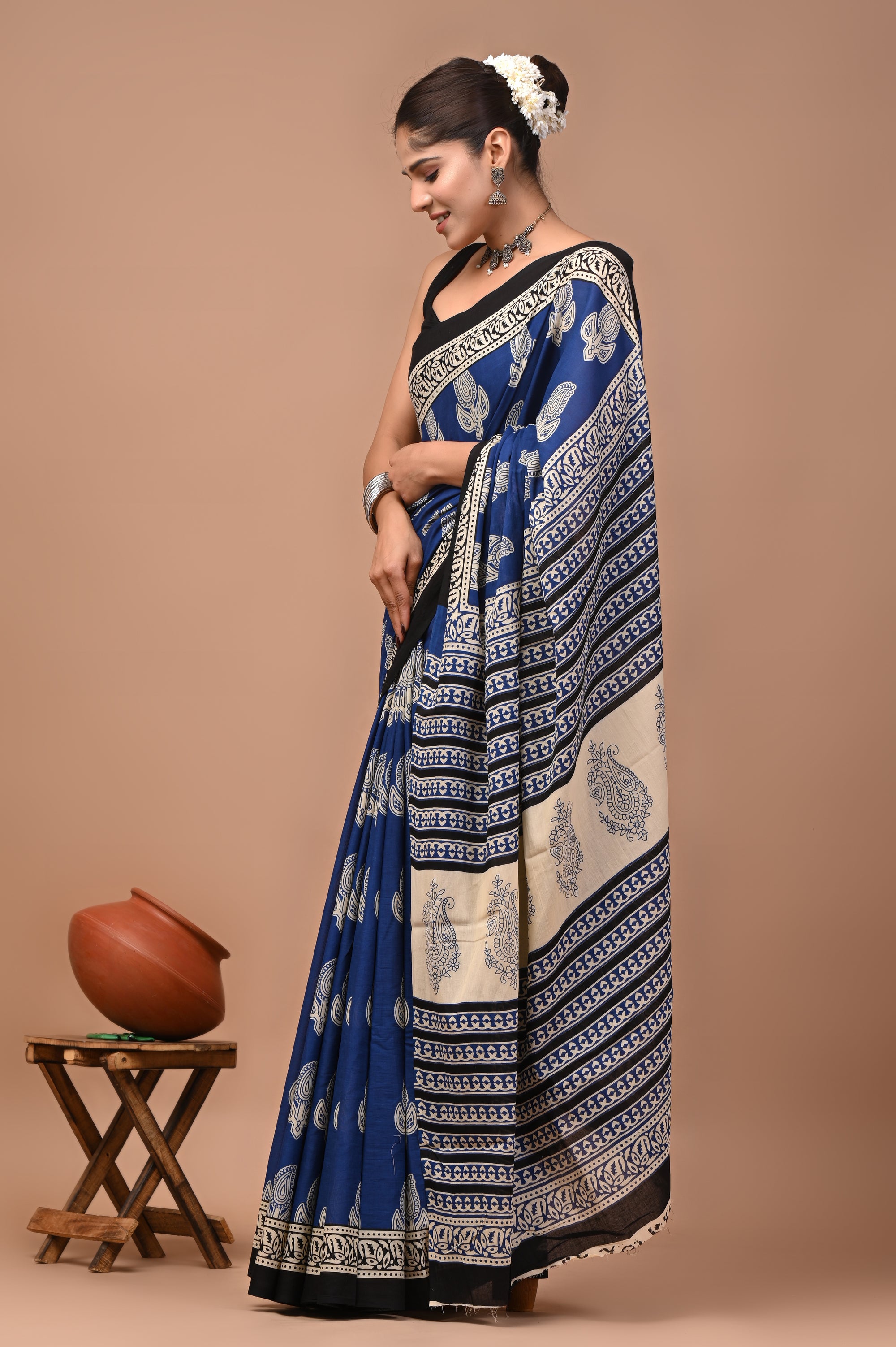 Blue Keri Hand Block Print Cotton Mulmul Saree with Blouse