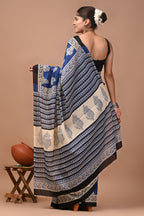 Blue Keri Hand Block Print Cotton Mulmul Saree with Blouse