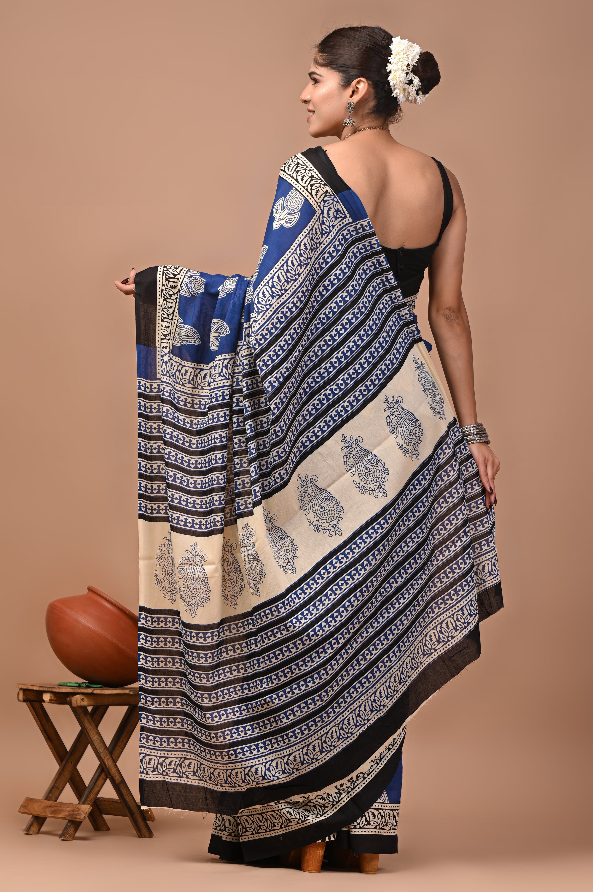 Blue Keri Hand Block Print Cotton Mulmul Saree with Blouse
