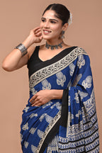 Blue Keri Hand Block Print Cotton Mulmul Saree with Blouse