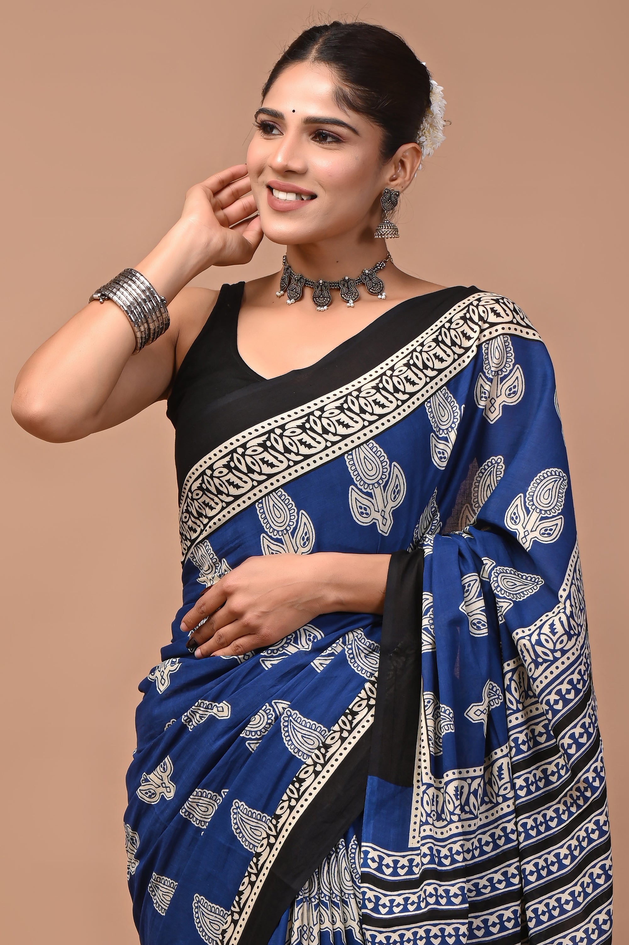 Blue Keri Hand Block Print Cotton Mulmul Saree with Blouse