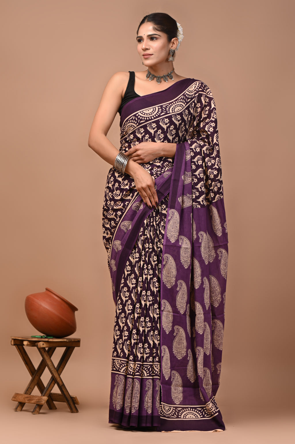 Purple Butti Hand Block Print Cotton Mulmul Saree with Blouse