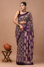 Purple Butti Hand Block Print Cotton Mulmul Saree with Blouse