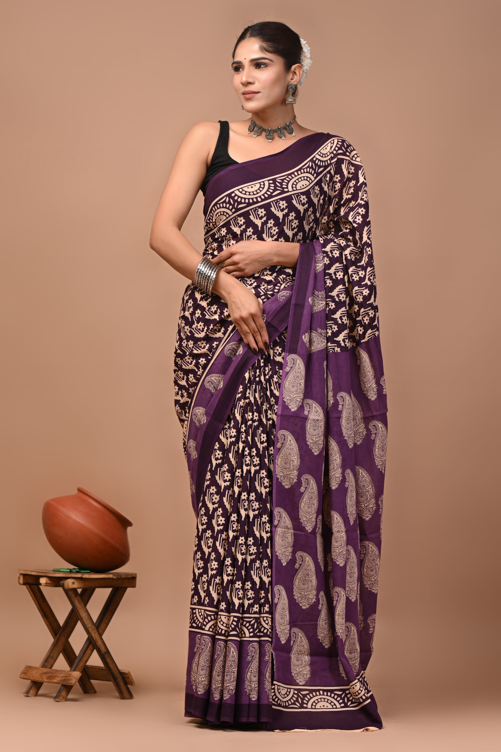 Purple Butti Hand Block Print Cotton Mulmul Saree with Blouse