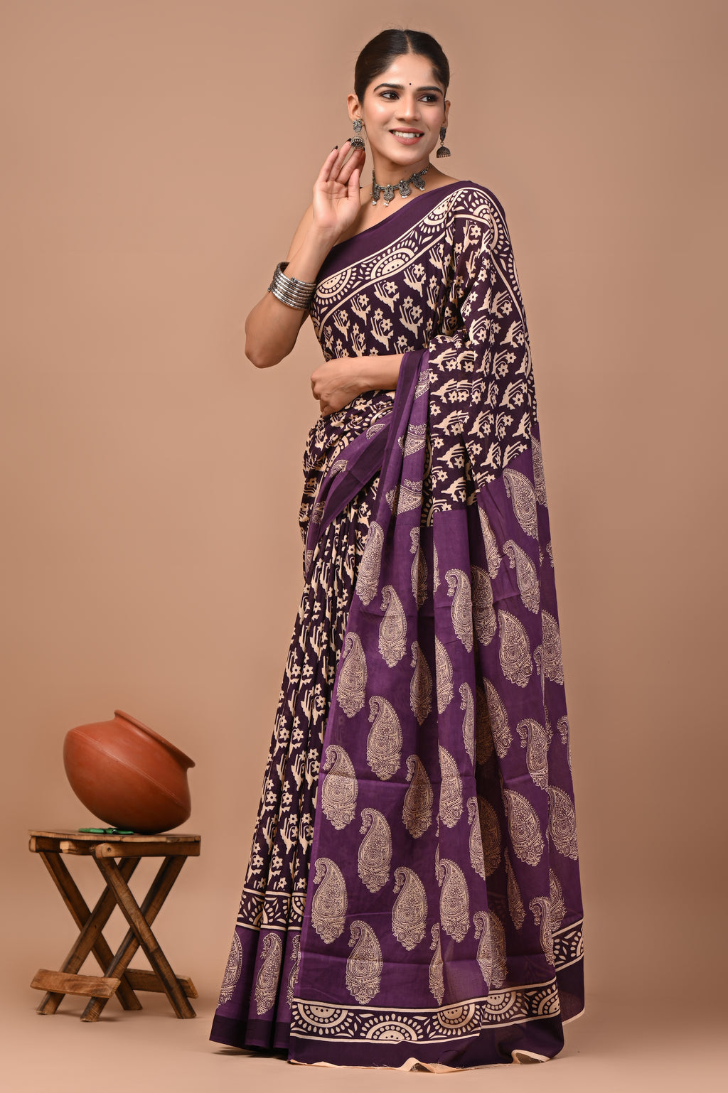 Purple Butti Hand Block Print Cotton Mulmul Saree with Blouse