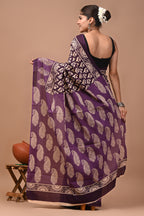 Purple Butti Hand Block Print Cotton Mulmul Saree with Blouse