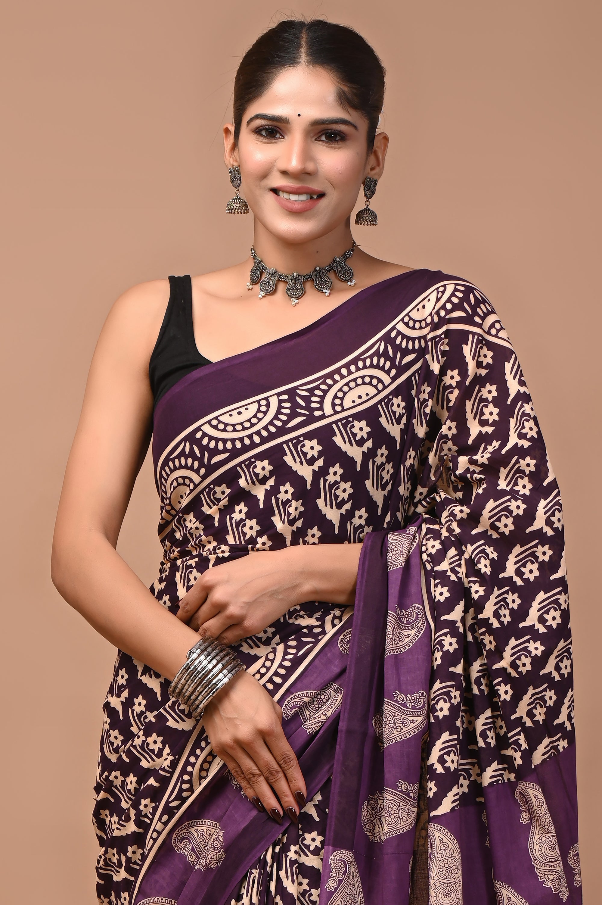 Purple Butti Hand Block Print Cotton Mulmul Saree with Blouse