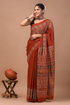 Shabnam Hand Block Ajrakh Printed Cotton Mulmul Saree with Blouse for Women