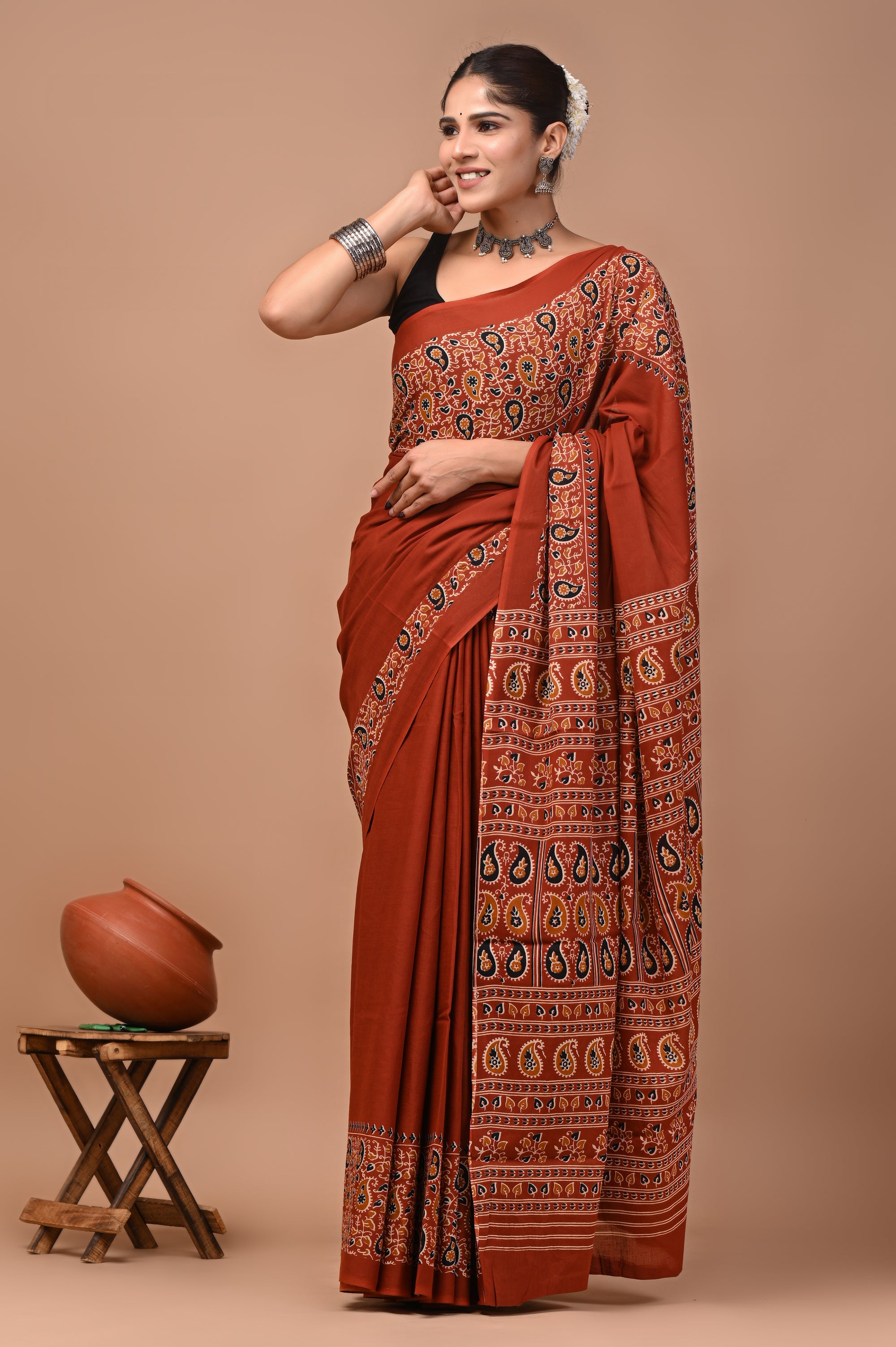 Shabnam Hand Block Ajrakh Printed Cotton Mulmul Saree with Blouse for Women