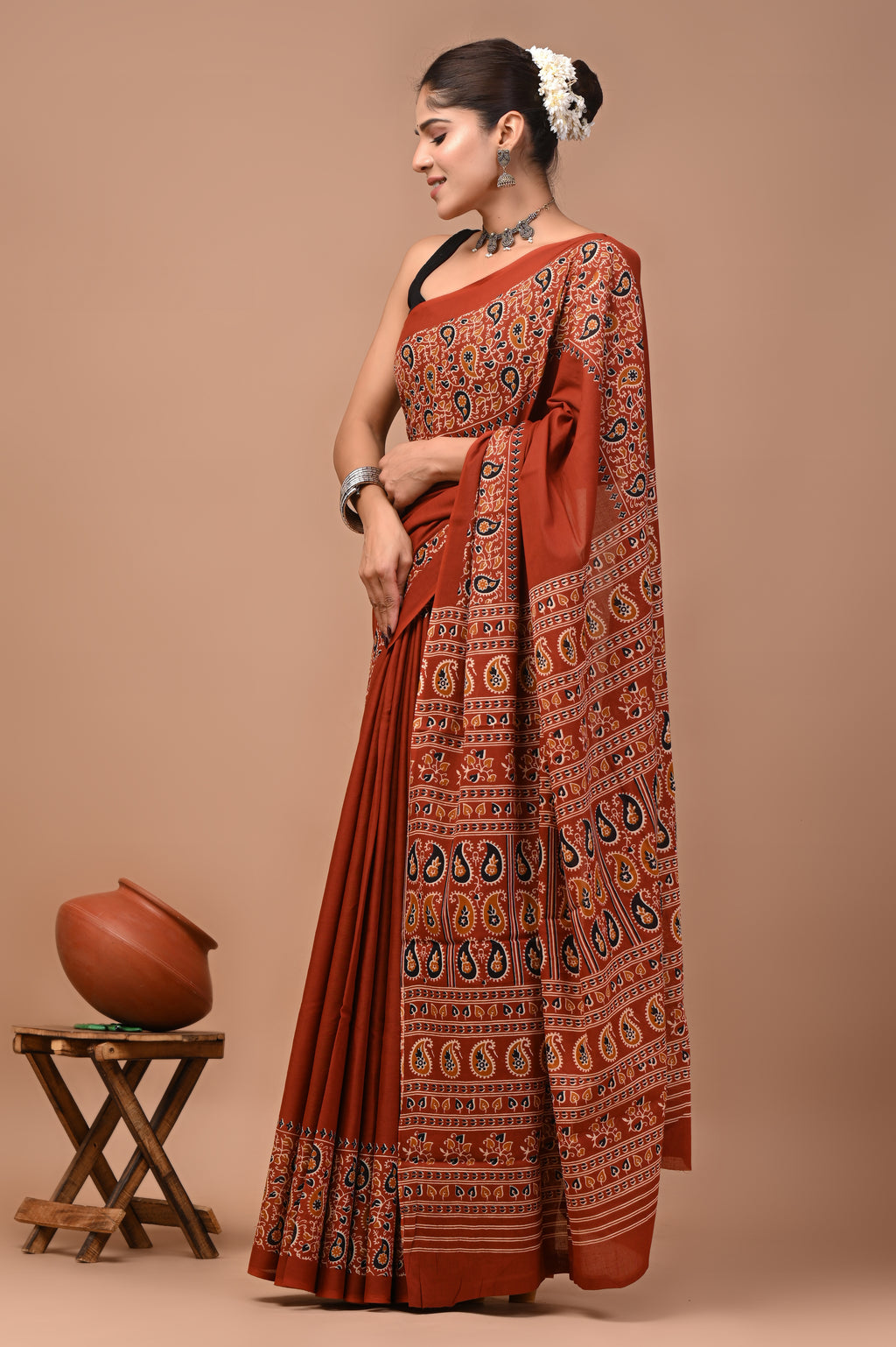 Shabnam Hand Block Ajrakh Printed Cotton Mulmul Saree with Blouse for Women