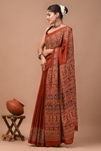 Shabnam Hand Block Ajrakh Printed Cotton Mulmul Saree with Blouse for Women