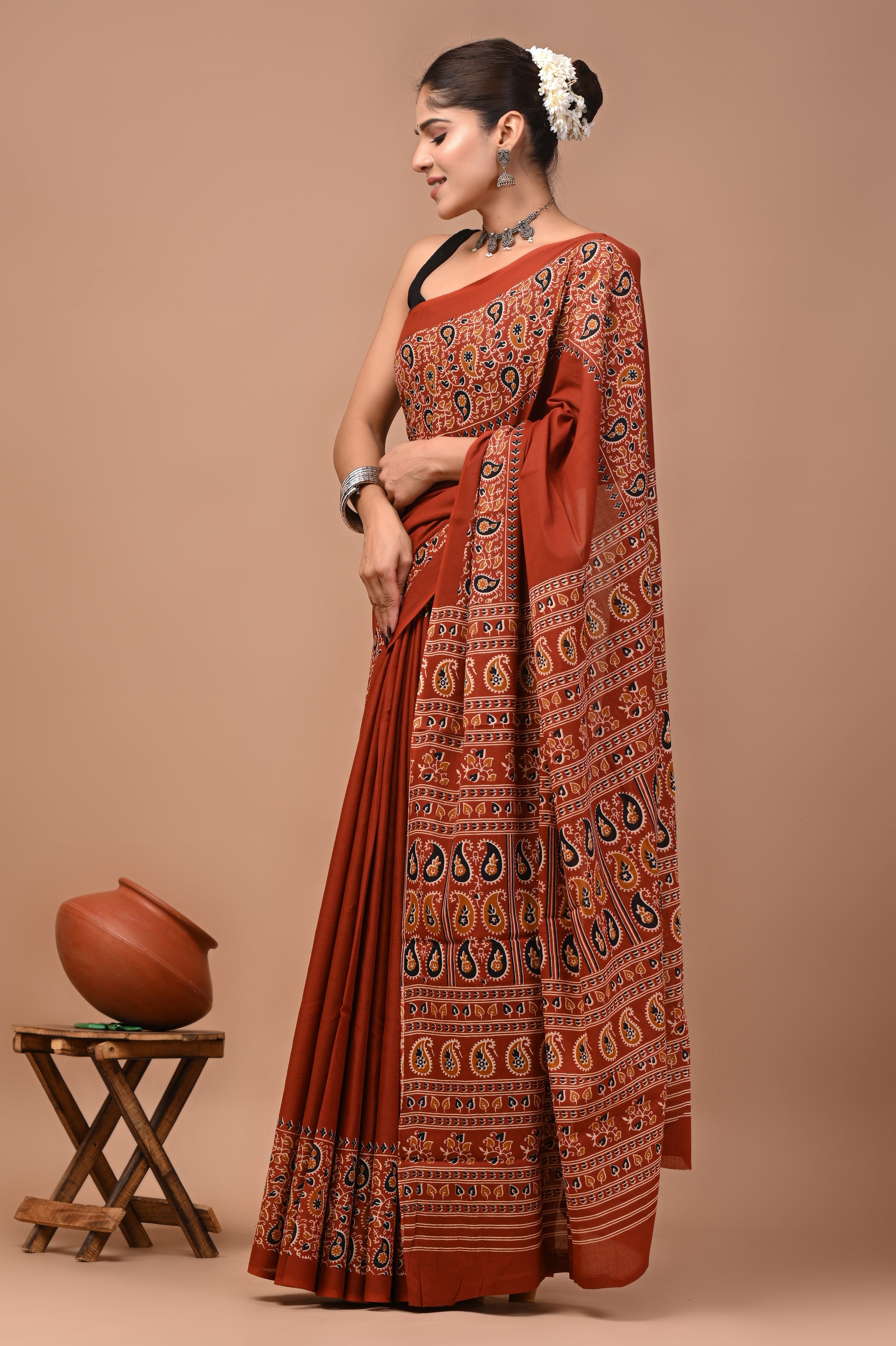 Shabnam Hand Block Ajrakh Printed Cotton Mulmul Saree with Blouse for Women
