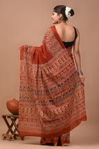 Shabnam Hand Block Ajrakh Printed Cotton Mulmul Saree with Blouse for Women
