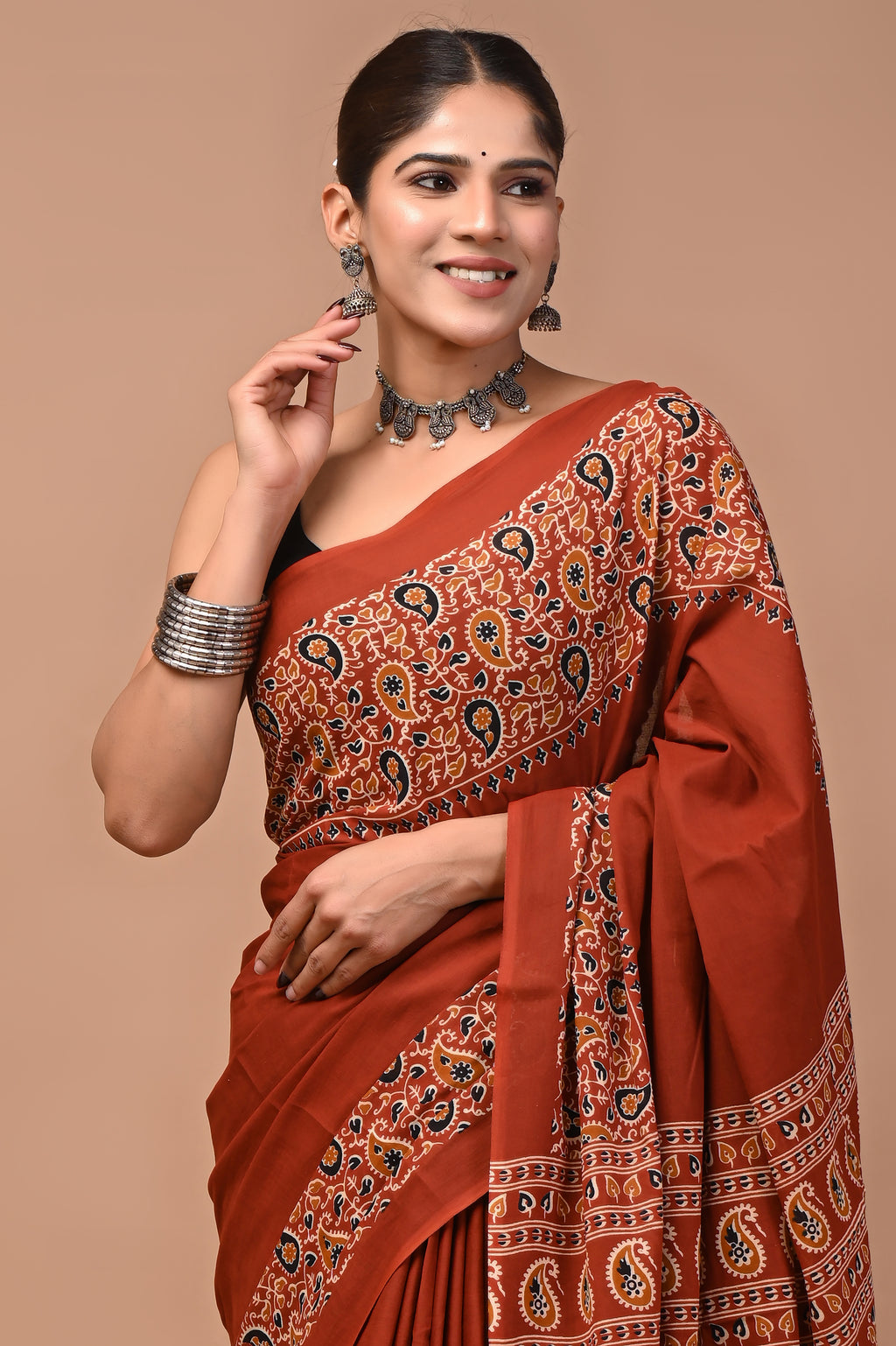 Shabnam Hand Block Ajrakh Printed Cotton Mulmul Saree with Blouse for Women