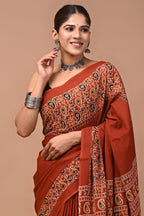 Shabnam Hand Block Ajrakh Printed Cotton Mulmul Saree with Blouse for Women