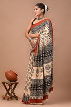 Kamal Butti  Hand Block Bagru Printed Cotton Mulmul Saree with Blouse for Women