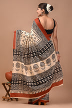 Kamal Butti  Hand Block Bagru Printed Cotton Mulmul Saree with Blouse for Women