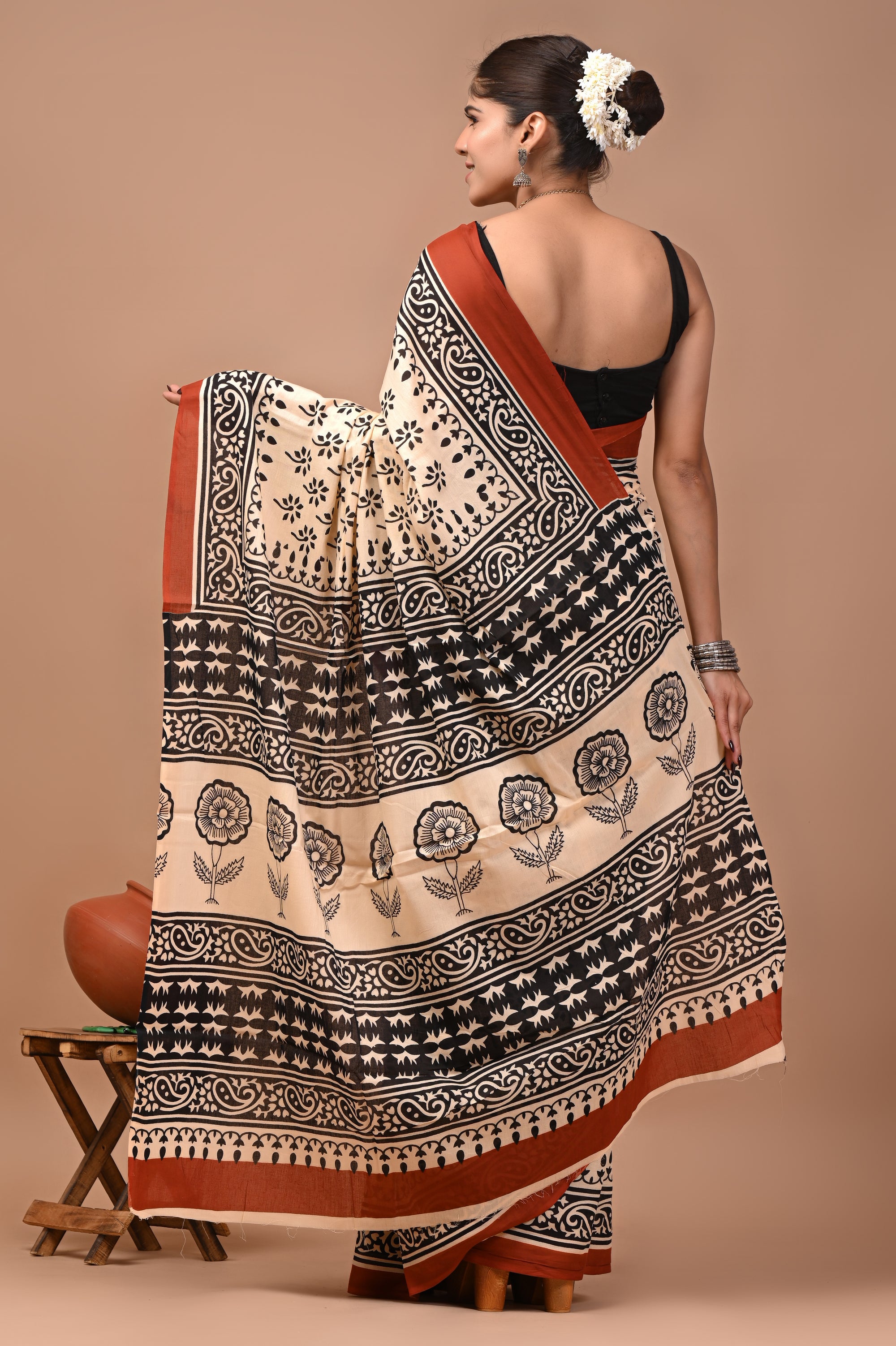 Kamal Butti  Hand Block Bagru Printed Cotton Mulmul Saree with Blouse for Women