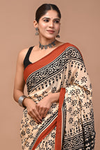 Kamal Butti  Hand Block Bagru Printed Cotton Mulmul Saree with Blouse for Women