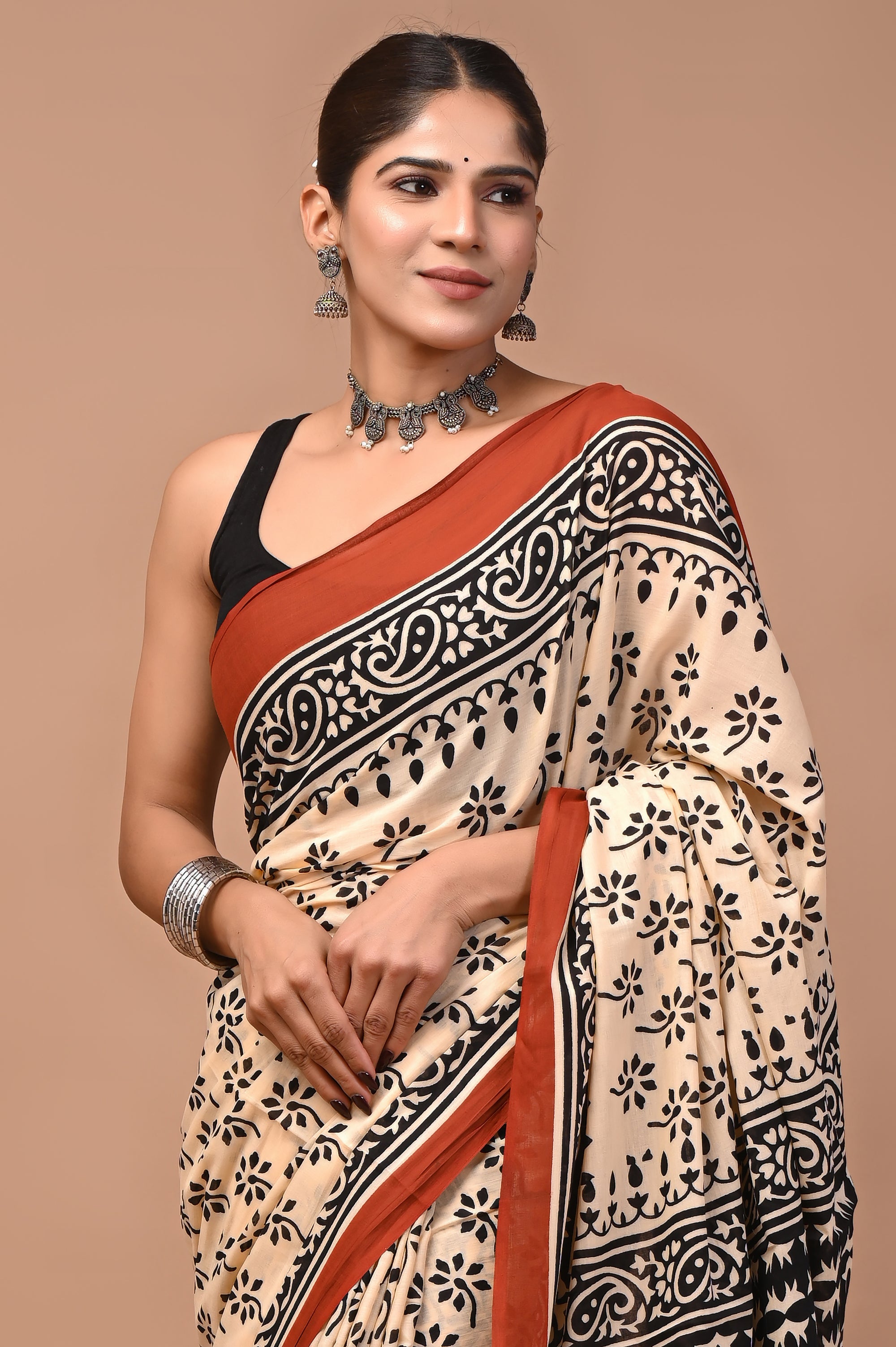Kamal Butti  Hand Block Bagru Printed Cotton Mulmul Saree with Blouse for Women
