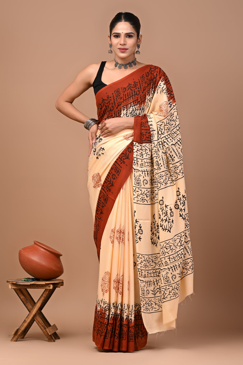 jaipuri hand block print cotton mulmul saree with blouse