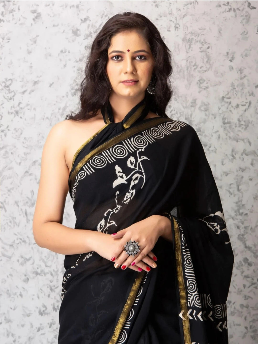 JaipuriHandBlockPrintedCottonGoldenZariBorderSareewithBlouse