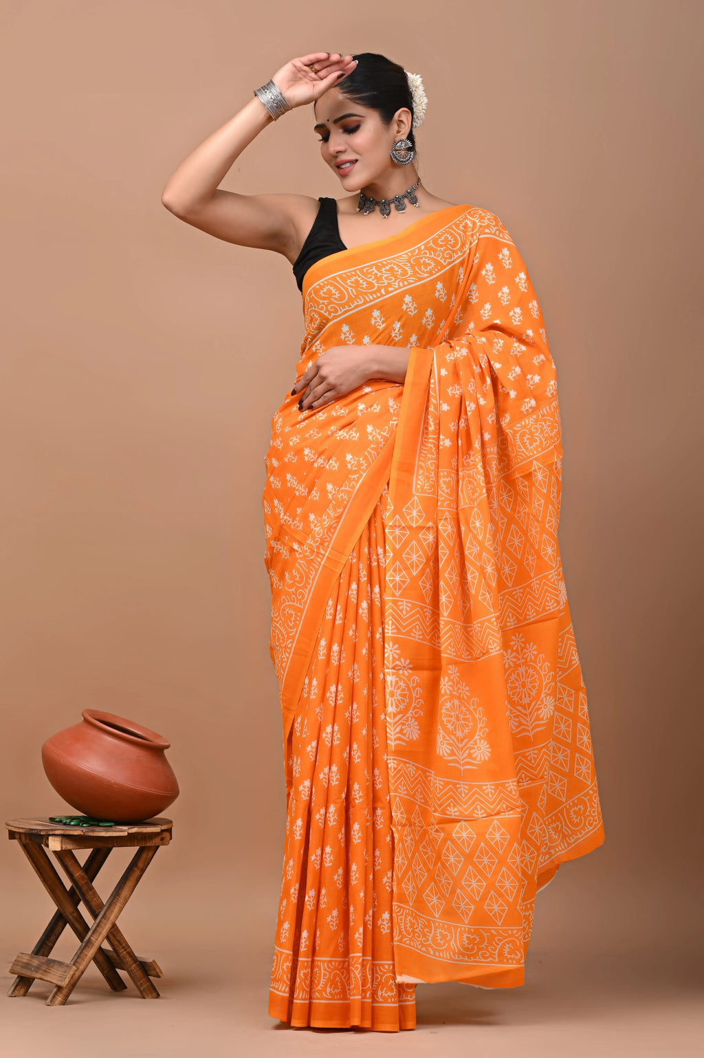 JaipuriHandBlockPrintedCottonMulmulSareeswithBlouse